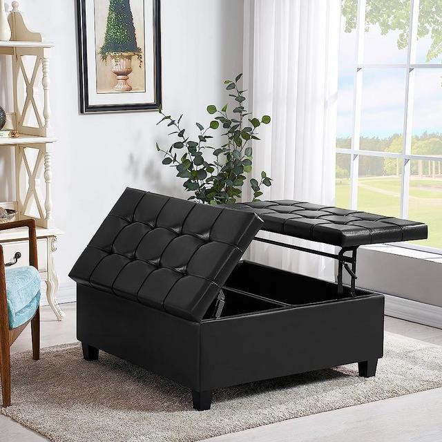 FUQIAOTEC Contemporary Square Faux Leather Storage Ottoman with Lift Top, Coffee Table for Living Room with Large Storage Space and Tufted Upholstered (Black)