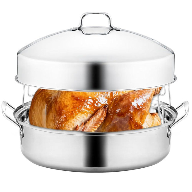 QPMR 22" Stainless Steel Roasting Pan with Lid and Rack,25LB Capacity,Large Roaster Pan for Oven,Nonstick Roasting Pan for Turkey,Chicken,Gifts for Mom,Wife