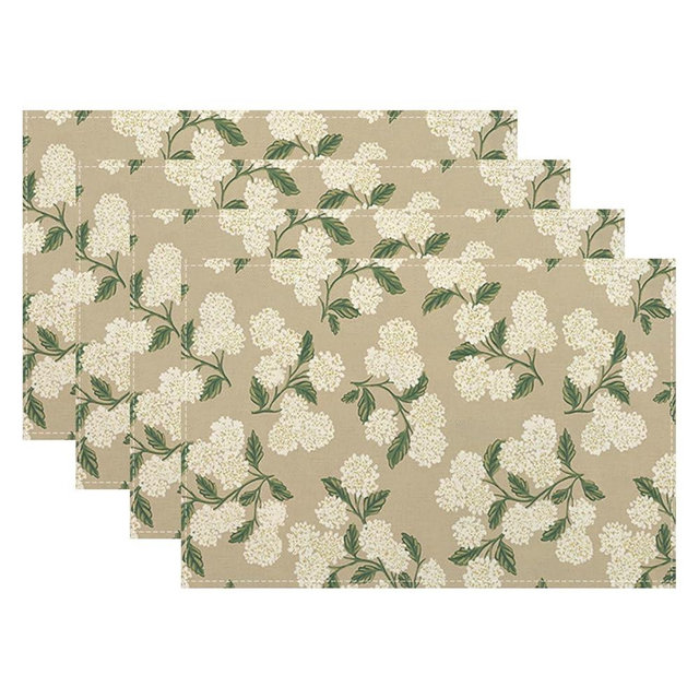 Beige Placemats Set of 4 Khaki Green Hydrangea Flower Decor Place Mats 12x18 Inch Vintage Floral Spring Summer Seasonal Decorative Linen Table Mats for Kitchen Dining Party Table Decoration