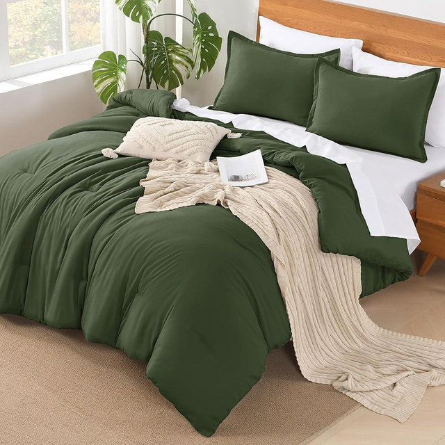 Andency Olive Green Comforter King Size - 7 Pieces Dark Green Bed in a Bag King Bedding Comforter Sets, Summer Plain Soft Lightweight Comforter with Fitted Sheets, Flat Sheets, Pillowcases & Shams