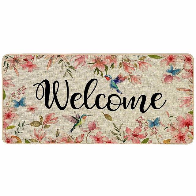 Baccessor Spring Summer Floral Door Mat Hummingbird Butterfly Pink Doormat Seasonal Home Decor Low-Profile Switch Door Mats Floor Mat for Indoor Outdoor 17 x 36 Inch