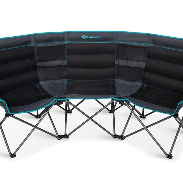FUNDANGO Double Camping Chair with Cooler, 3 Person Folding Oversized Loveseat Camp Chairs for Adults Fully Padded Couch with Cup Holder Carry Bag for Outdoor Lawn Beach Patio Support 1000 LBS