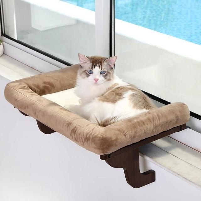 Zakkart Cat Perch for Window Sill with Bolster - Orthopedic Hammock Design with Premium Hardwood & Robust Metal Frame - Cat Window Seat for Large Cats and Kittens - Dark Stained Wood with Brown Bed