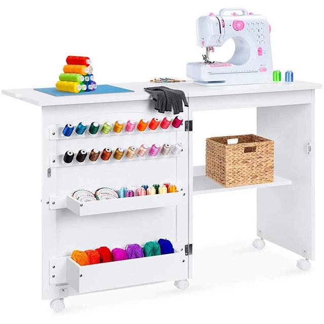 Best Choice Products Folding Sewing Table Multipurpose Craft Station & Side Desk with Wheels, Shelves, Bins, Pegs
