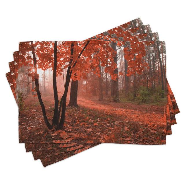 Fall Placemats Set of 4 Misty Forest with Leaves from Deciduous Seasonal Trees Warm to Cold Featured Image, Washable Fabric Place Mats for Dining Room Kitchen Table Decor,Brown Orange, by Ambesonne