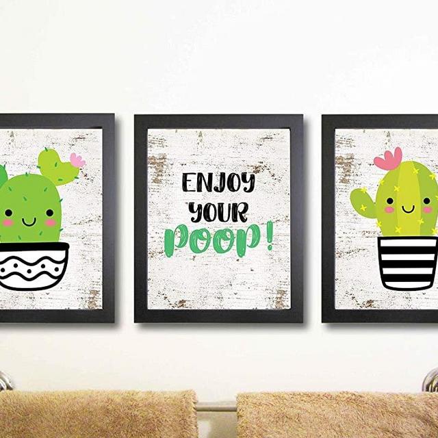 Silly Goose Gifts Enjoy Your Poop Cactus Wall Art Decor (Set of Three) Prints Kawaii Happy Pink Black Wood