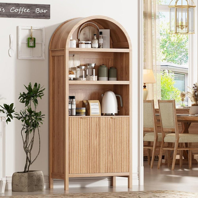 Ieejdn 71" Tall Arched Kitchen Pantry,Modern Fluted Wood Storage Cabinet with Doors,Adjustable Shelves,Organizer, Versatile Cupboard for Kitchen,Living Room,Dining Room,Bathroom,Oak