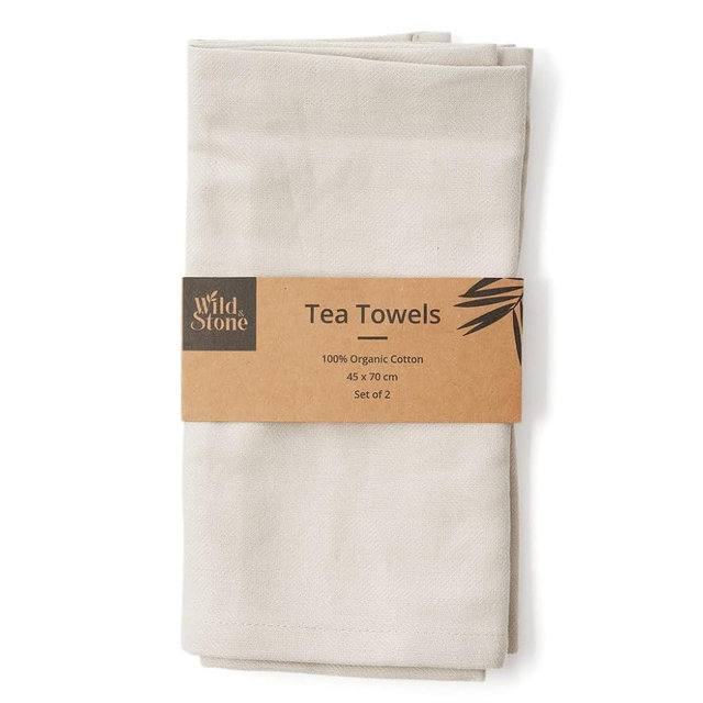 Wild & Stone | Organic Cotton Tea Towel | Herringbone Weave | Cotton Kitchen Towels | Set of 2 (Beach Sand)