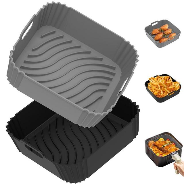 Redfly 2 Pack Air Fryer Silicone Liners, Square Airfryer Liners, Silicone Air Fryer Liners Reusable for 4-6 QT, Air Fryer Accessories Replacement for Parchment, Airfryer Liners Silicone Gray&Black