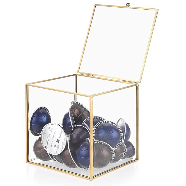 ELLDOO Gold Glass Coffee Pods Holder, Coffee Capsule Storage Box with Lid,Tea Bags Sugar Packets Storage Holder Kitchen Desktop Organizer Box, 15x15x15cm