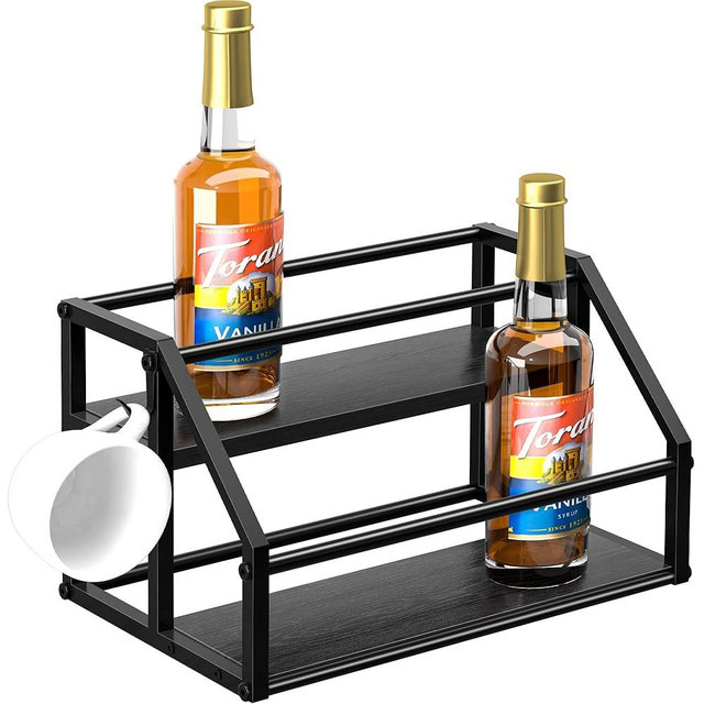 Coffee Syrup Rack Organizer, Syrup Bottle Holder Stand for Coffee Bar, 2-Tier 8 Bottles Storage Shelves for Syrup, Wine, Dressing for Kitchen Countertop, Black