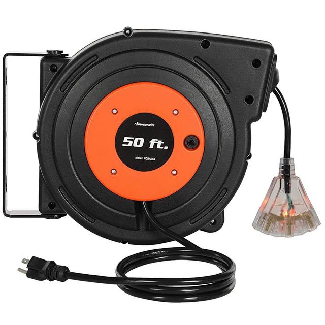 DEWENWILS Retractable Extension Cord Reel, 50 FT Heavy Duty Power Cord, 14AWG/3C SJTOW, 3 Grounded Outlets Lighted Triple Tap, 13 Amp Circuit Breaker, UL Listed