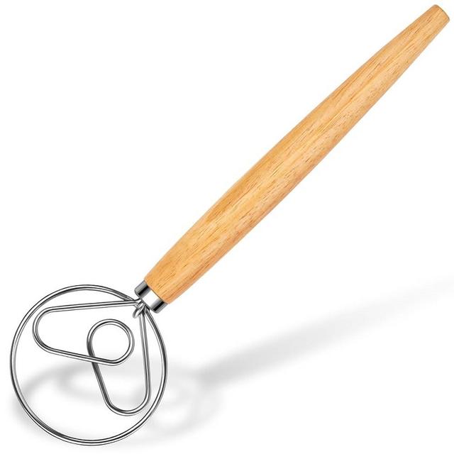 Maxjoy Danish Dough Whisk Stainless Steel Dough Hook Dutch Style Bread Dough Mixer Wooden Handle for Sourdough and Bread Dough Making Mixing Whisking Tool,Bread Whisk 13 Inch