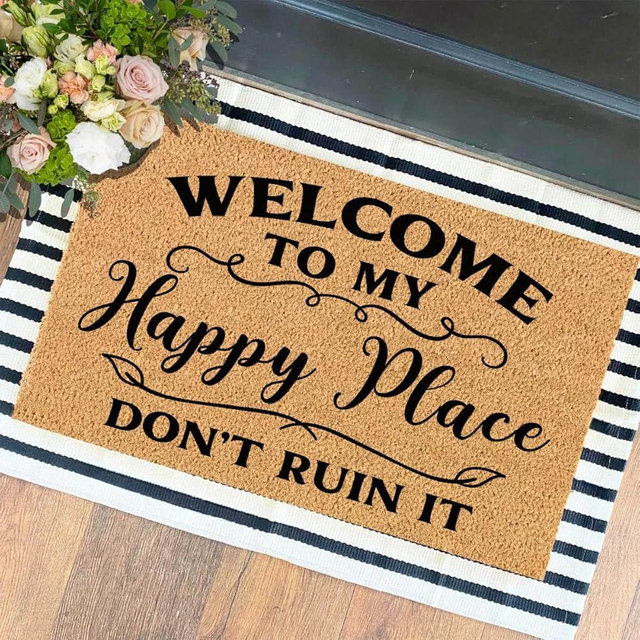 XTDJJKK Funny The Entrance Way Outside Personalized Rug with Heavy-Duty Non Slip Outdoor Coconut Coir Doormat Pets Lover Gift 23.6 x 15.7 inch (Welcome to My Happy Place Don't Ruin It)