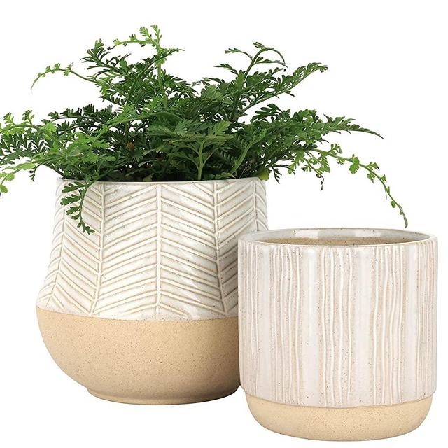 Ceramic Planter Set for Indoor, Tabletop Plant Pot with Sand Glaze Bottom, Drain Hole Included, Home Decor Gift, Sandy Beige, 5.5 + 4.6 Inch