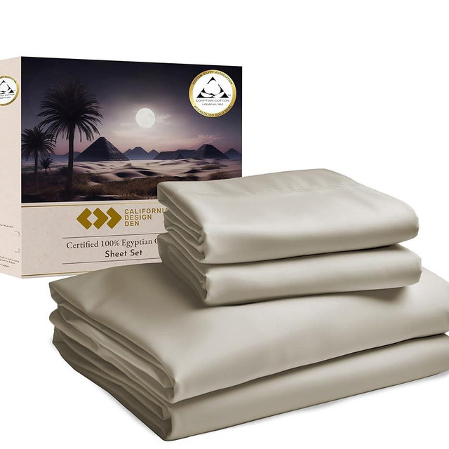 California Design Den Certified Luxury 100% Egyptian Cotton Sheets King Size Deep Pocket, 4 Piece Deep Pocket Sateen Cooling Sheets for Hot Sleepers, King Sheets Egyptian Cotton, Beige Sheets King