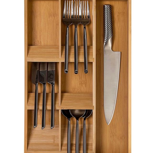 Zipoka - Bamboo Kitchen Drawer Organizer (17 x 11.25) for Silverware, Gadgets or Tools | Unique Angle Divider Design Creates More Space | Compartment Tray Fits Most Standard Drawers and Cabinets