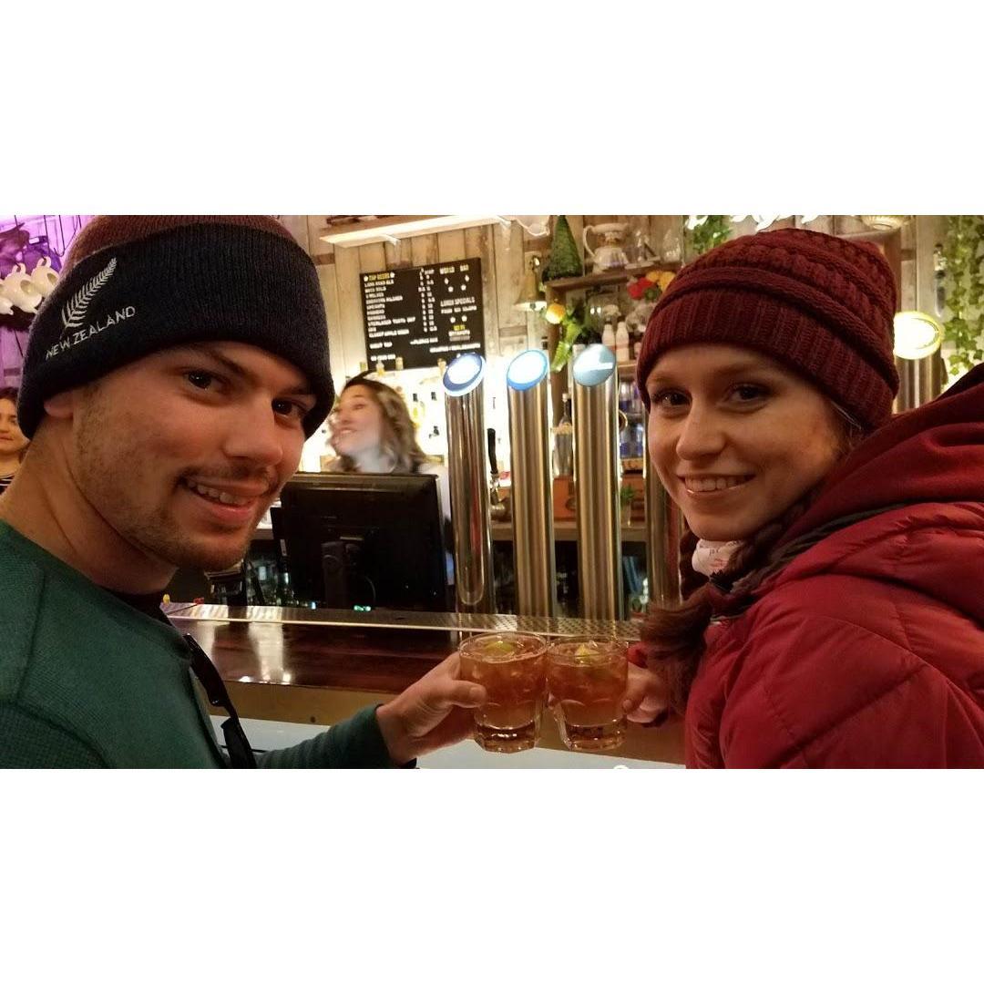 Wendy's dad snapped this pic of us at a bar in Queenstown, New Zealand while drinking Dark & Stormy's!