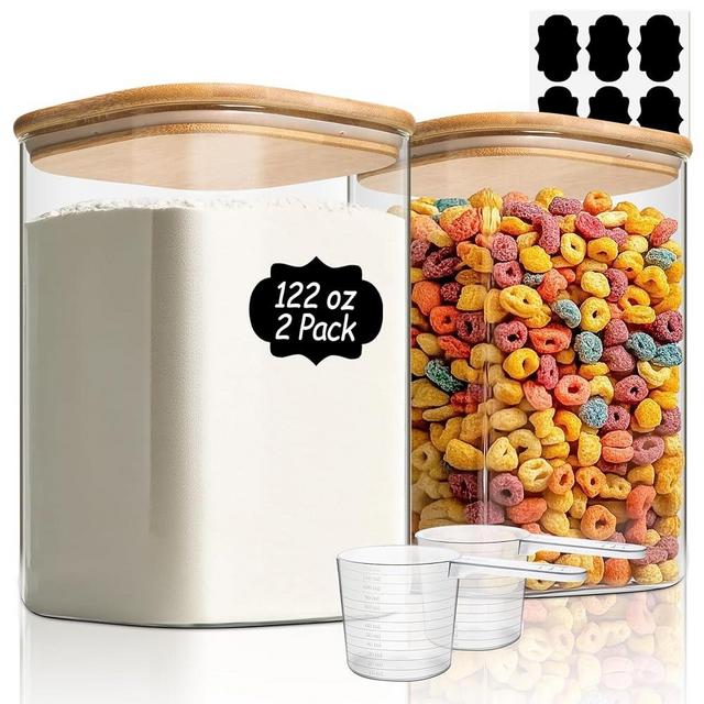 ComSaf 122 oz Glass Food Storage Containers Set of 2, Large Storage Containers with Lids, Square Glass Jars with Lids, for Flour and Sugar, Cereal, Rice, Pasta, Oats, Coffee Beans