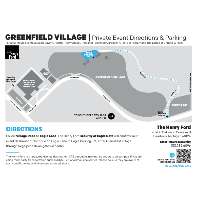 Instructions for how to get to the private event entrance behind the Eagle Tavern.