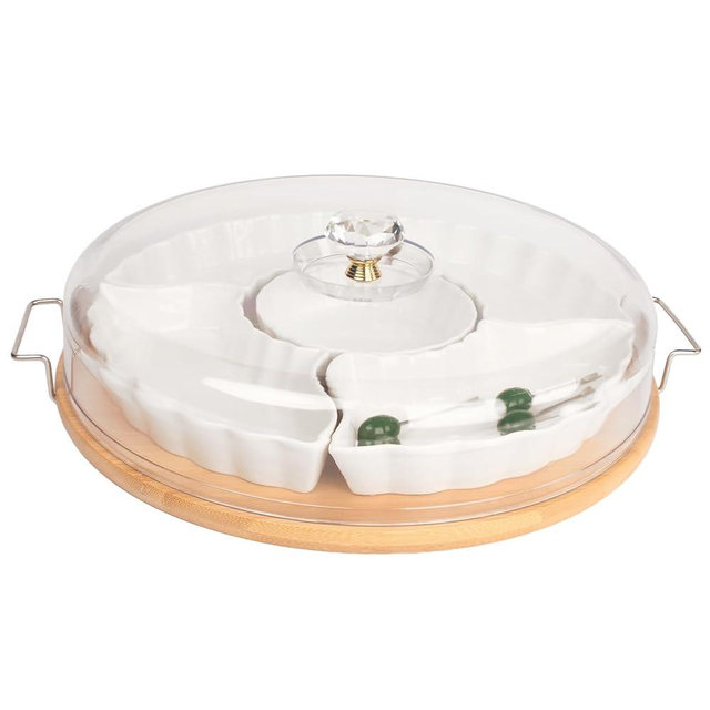 LIUYWYHCF Divided Snack Tray with Lid, 5 Removable Snack Deli Containers with 4 Forks for Party Serving Plate, Fruit Tray with Dips, Snacks, Reusable for Meal Prep, 12.6 Inch