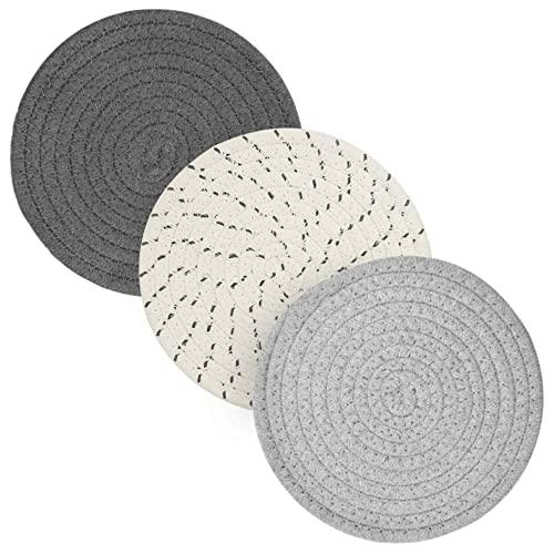 Pot Holders for Kitchen Table, Cotton Plant Mat Trivets for Cooking and Baking, 7 Inch Diameter, Set of 3 (Grey)