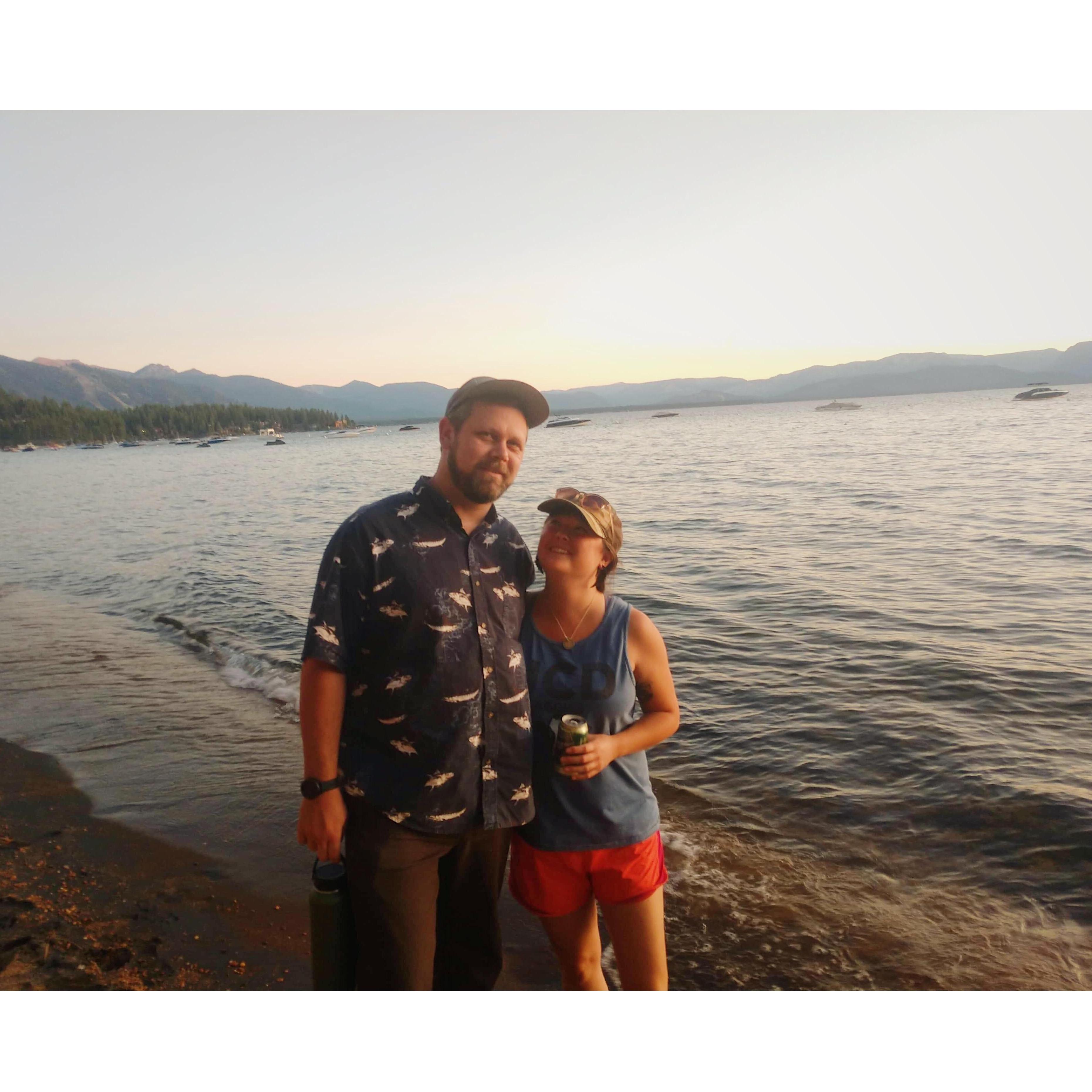 Tahoe. Yes, Patrick wears pants to the beach.