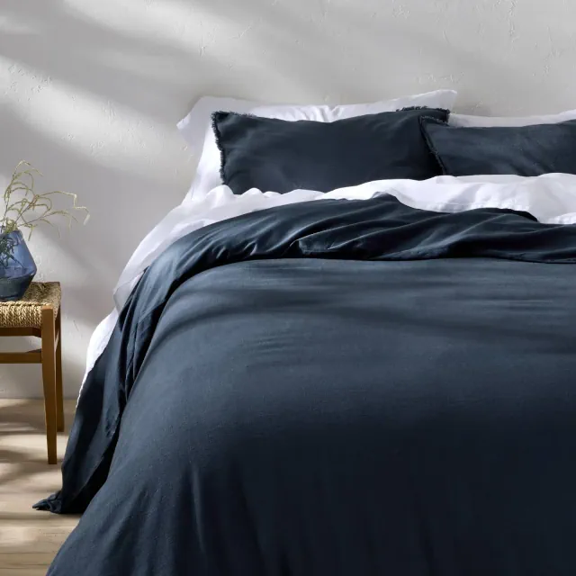 Full/Queen Heavyweight Linen Blend Duvet Cover and Sham Set Dark Mineral Blue - Casaluna™