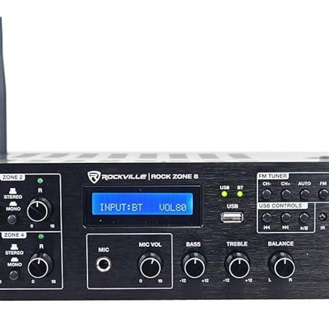 Rockville Rock Zone 8 1000W RMS 8-Channel 8-Zone Amplifier, Bluetooth, USB, Optical/Coaxial/RCA Inputs, Mic/FM, Rack-Mountable, for Multi-Room Home or Commercial Audio