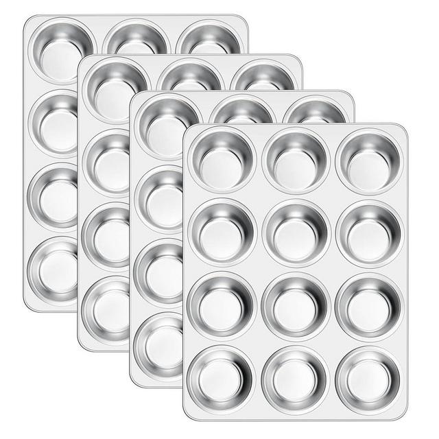 E-far 12-Cup Muffin Pan Set of 4, Stainless Steel Muffin Tins, Non-Toxic Metal Cupcake Pans Tray for Baking Small Mini Cupcake, Heavy Duty & Regular Size, Rust Free & Dishwasher Safe