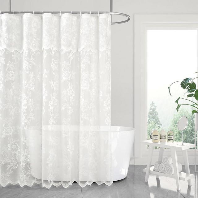 FINECITY Ivory Lace Shower Curtain for Bathroom, Rustic Vintage Lace Shower Curtain with Attahced Valance, Sheer Shower Curtain Panel, 72 x 72 Inch, 1 Panel, Ivory