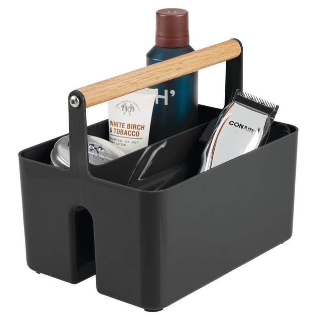 mDesign Plastic Portable Storage Organizer Utility Caddy Tote, Divided Basket Bin with Wood Handle for Bathroom, Dorm Room, Holds Hand Soap, Body Wash, Shampoo, Conditioner, Lotion - Black/Natural