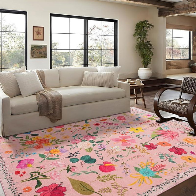 CRYPTOLITE Area Rug 8x10, Washable Large Rugs for Living Room, Non Slip 0.27" Low Pile Vintage Floral Large Carpet for Bedroom, Dining Room, Kids Playroom (Pink)