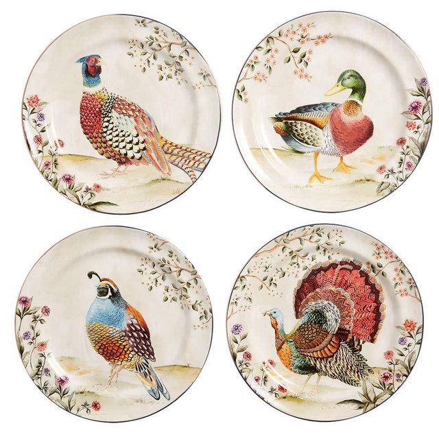 Botanical Harvest Bird Stoneware Dinner Plates, Set of 4 - Assorted