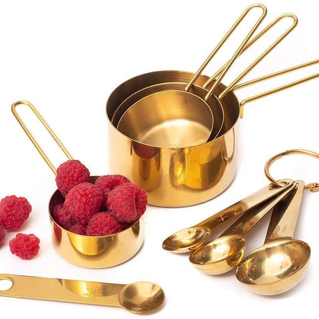 Modern Stainless Steel Measuring Cups and Spoons Set, Gold - Stackable, Stylish, Sturdy Metal Measuring Cups and Metal Measuring Spoons Set (8-Piece) - Cute Measuring Cup Set, Gold Kitchen Accessories