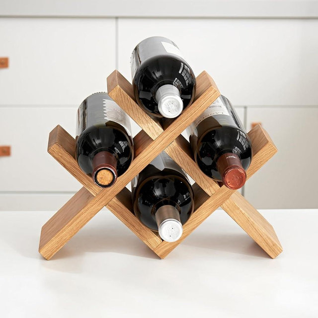 OAKERLAND Oak Wood Wine Rack Countertop, 4 Bottle Wine Rack Free Standing Wine Bottle Stand Holder Display Shelf for Home Kitchen Bar Cabinets, No Need Assembly (Natural)