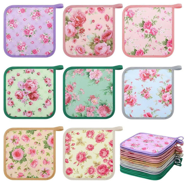 Willinglong 16 Pcs Floral Pot Holder Bulk for Kitchen 7.1'' Square Flower Oven Hot Pads with Loop Pink Rose Heat-Resistant Potholders Kitchen Accessories for Cooking Baking BBQ Gifts