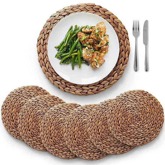 Woven Placemats, Round Placemats (Set of 6) Rattan Placemats, Wicker Water Hyacinth Placemats, 13'' Round Braided Placemats Set, Heat Resistant/Anti-slip/Durable for Dinner Plate, Kitchen Dining Table