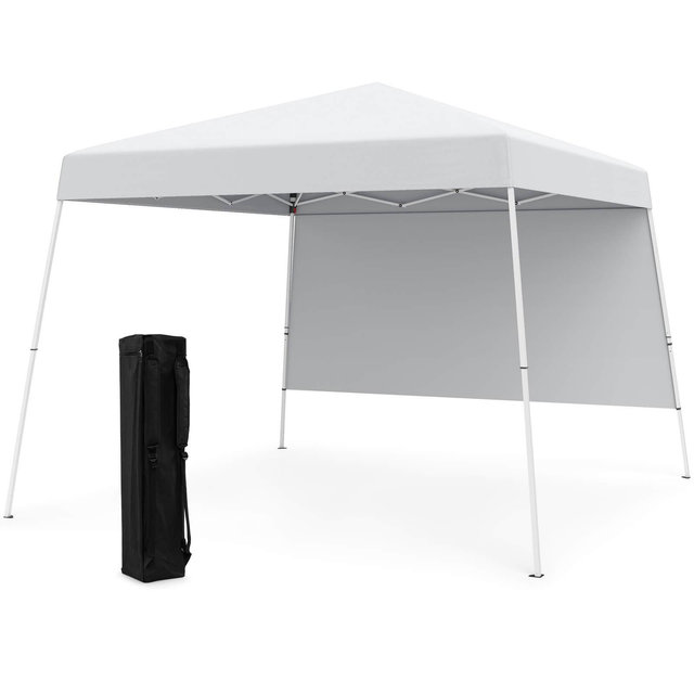 Costway 10 X 10FT Pop up Canopy Tent with 1 Sidewall, Portable Backpack, 4 Stakes Slant Leg White