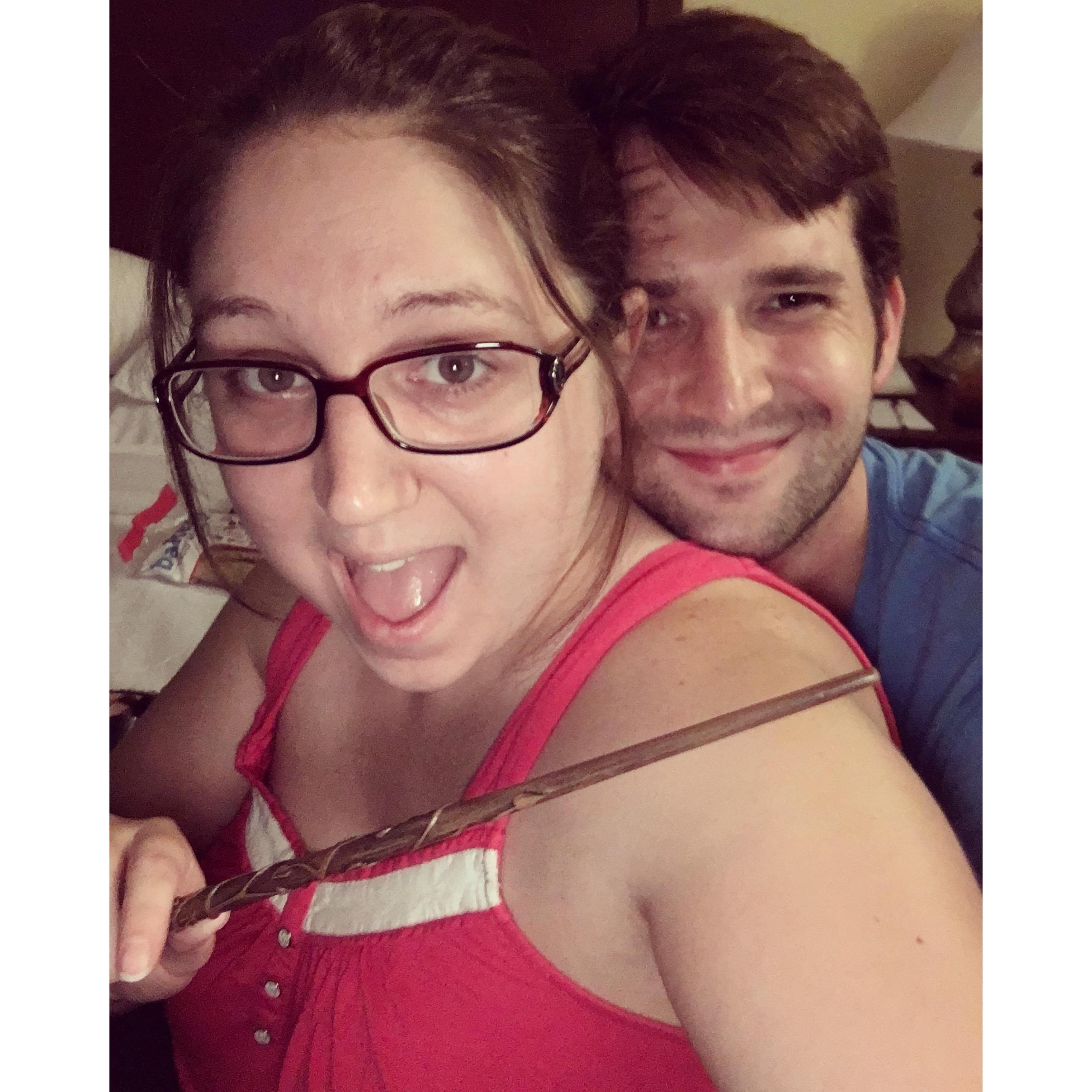 A perfect example of our nerdy goofiness! He bought me a bunch of Harry Potter stuff to butter me up before he popped the question ;)