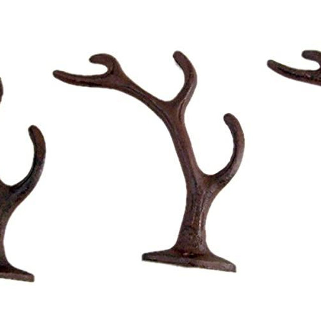 Rustic 4-Point Deer Antler Cast Iron Wall Hook 5.6 Inch (Set of 3)