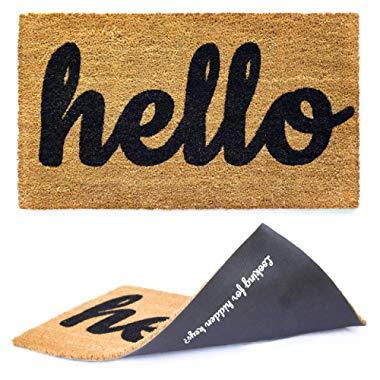 Welcome mat | Hello Door mat for Front Door | Entryway Outdoor Floor mat | Cursive Hello mat with Fun “Looking for Hidden Keys?” Print on The Back | Natural Coconut Coir | Brown Mat with Black Font |
