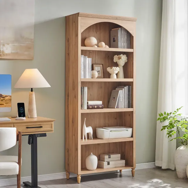 Arched Bookcase with 2 Adjustable Shelves, 76" Tall Bookshelves with Open Display Shelves for Living Room, Book Shelf, Natural