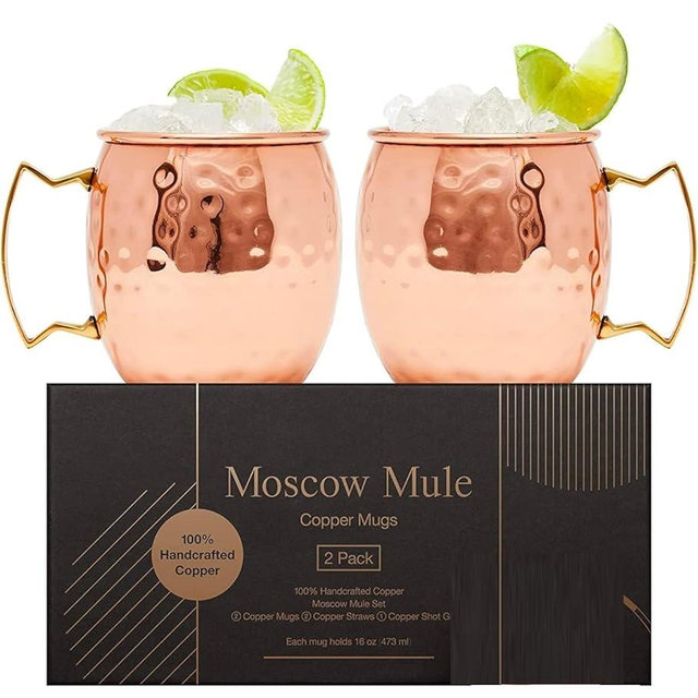 KC Copper Moscow Mule Mug Cup Set of 2, 16 oz, Premium 100% Solid Copper with Brass Handle