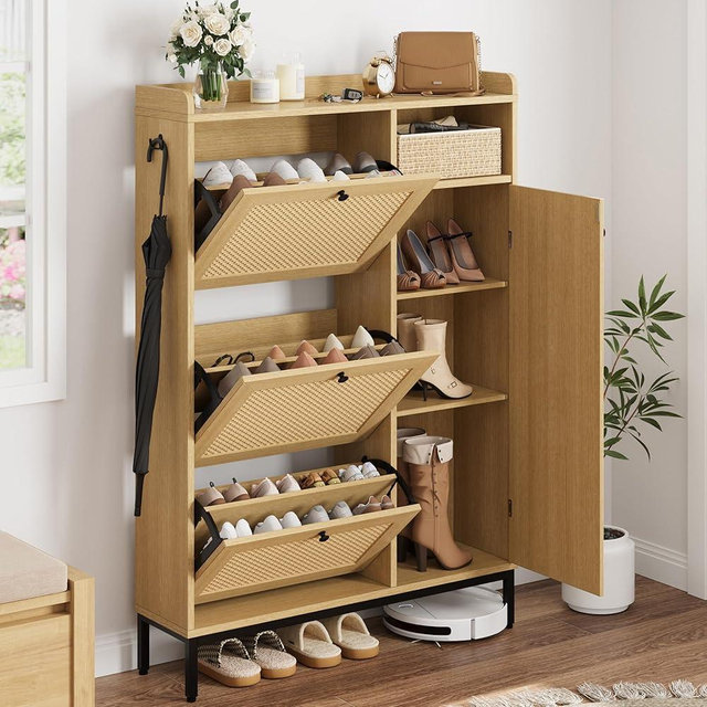 GarveeHome Shoe Cabinet Rattan with 3 Flip Drawers and 4-Tier Shoe Storage Cabinet, Freestanding Shoe Organizer with Adjustable Shelves for Entryway, Closet, Hallway (Oak)