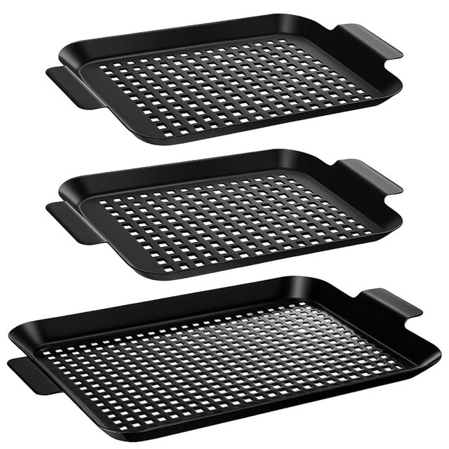 Teecyhooo 3 Pack Grill Topper Pans for Outdoor Grill Stainless Steel Nonstick Grilling Baskets with Holes and Handles Heavy Duty Perforated Grilling Tray Barbecue Accessories for Vegetable, 2 Size