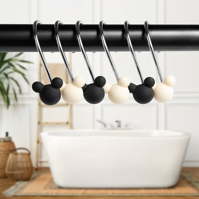 CUweipeng Cute Mouse Shower Curtain Hook - 12pcs Black and Beige Mouse Curtain Hook Ring Rustproof Stainless Steel Decorative Glide Shower Hanger Ring for Kid Bathroom Bedroom Decor Housewarming Gift