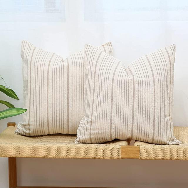 Kiuree Khaki and Cream Farmhouse Throw Pillow Covers 18 x 18, Modern Accent Square Decorative Pillow Case, Set of 2 Stripes Textured Linen Throw Pillow Case for Sofa Couch Chair Bedroom(Khaki)