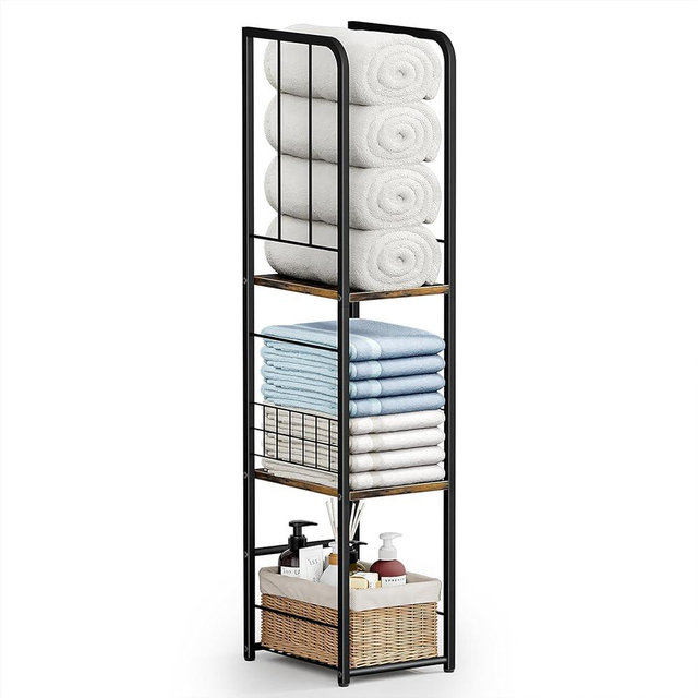 KIMBORA Narrow Towel Storage for Bathroom, 3-Tier Free Standing Bathroom Towel Rack Organizer with Shelf for Small Bath, Pool, Brown
