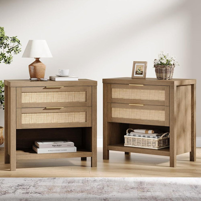 Eclatara Rattan Nightstands Set of 2, Farmhouse Bedside Table with 2 Drawers and Storage Shelf, Rattan Boho Accent Night Stands for Bedroom Large Space Sofa (2, Reclaimed Caramel Oak)